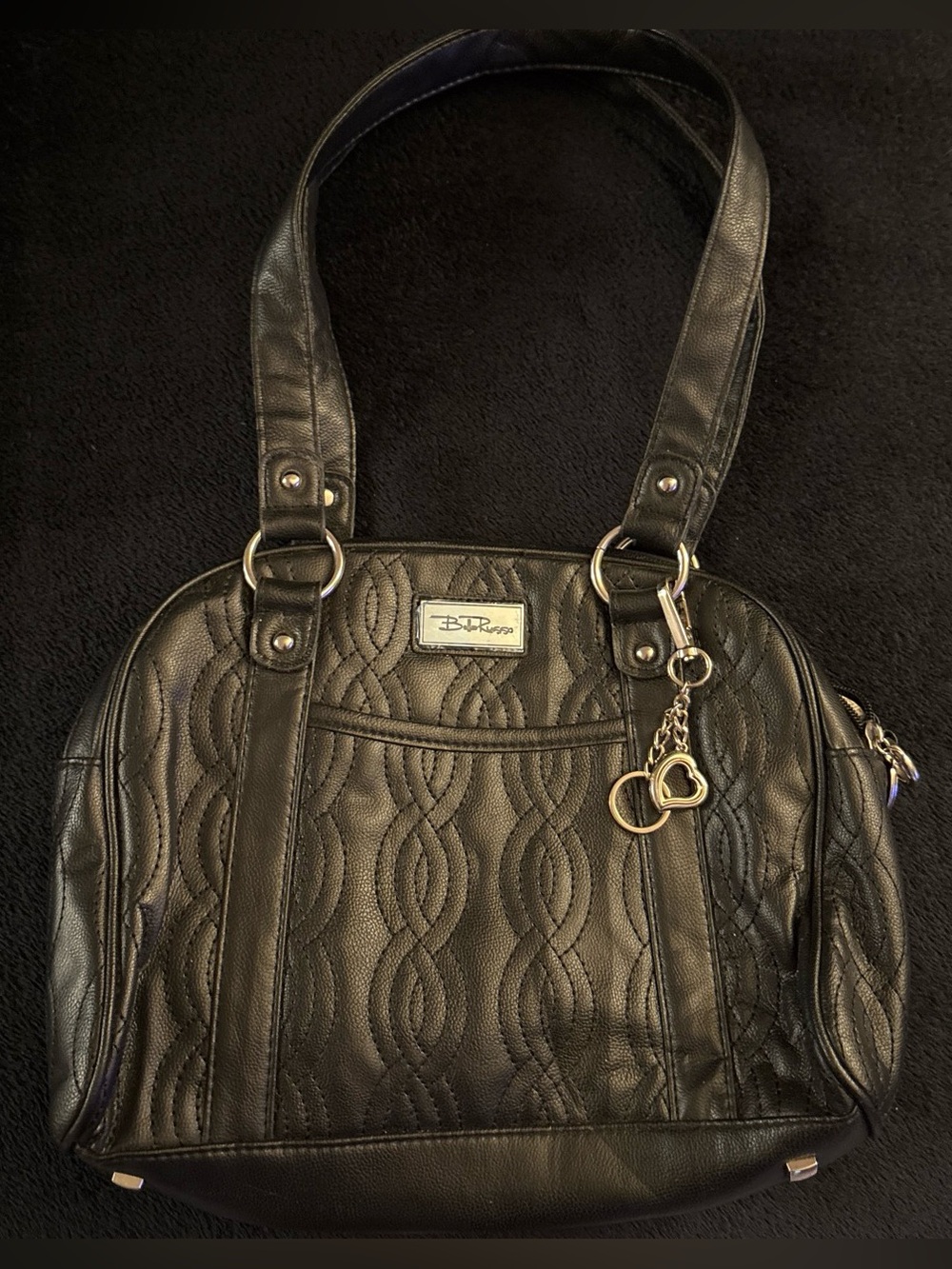 Black Quilted Shoulder Bag with Heart Charm by B. Makowsky